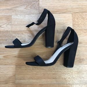 Strappy black suede block heels